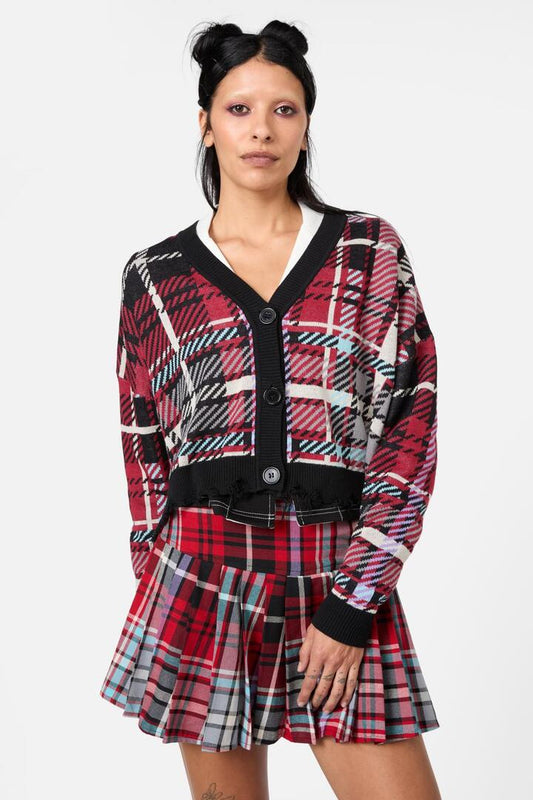 Image of a model wearing Outerwear. Productname: Scorpion Tartan Cardigan in Multi colour by brand - Dangerfield