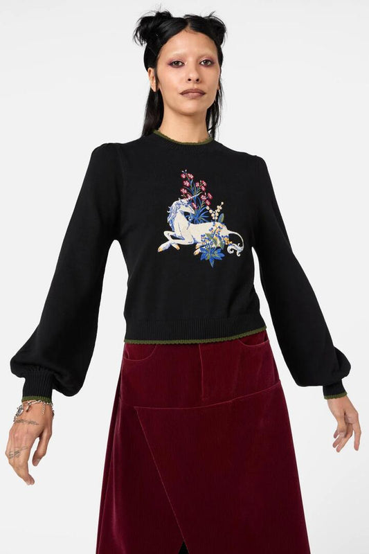 Image of a model wearing Tops. Productname: Aicorn Placement Knit in Black colour by brand - Dangerfield
