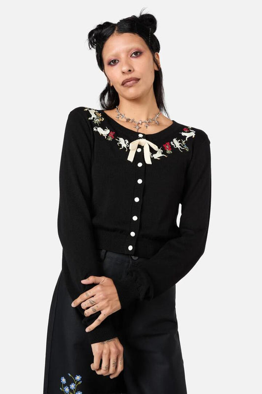Image of Cardigans. Product name - Alicorn Running Embroidered Cardigan in Black colour by brand - Dangerfield