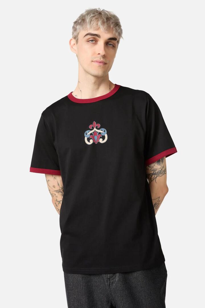 Image of a model wearing Tops. Productname: Crowned Cat Tee in Black colour by brand - Black Friday