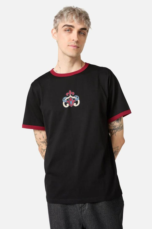 Image of a model wearing Tops. Productname: Crowned Cat Tee in Black colour by brand - Black Friday
