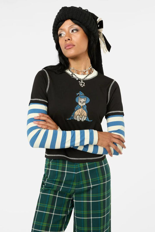 Image of a model wearing Tops. Productname: Iykyk Long Contrast Sleeve Top in Black/Blue colour by brand - Black Friday