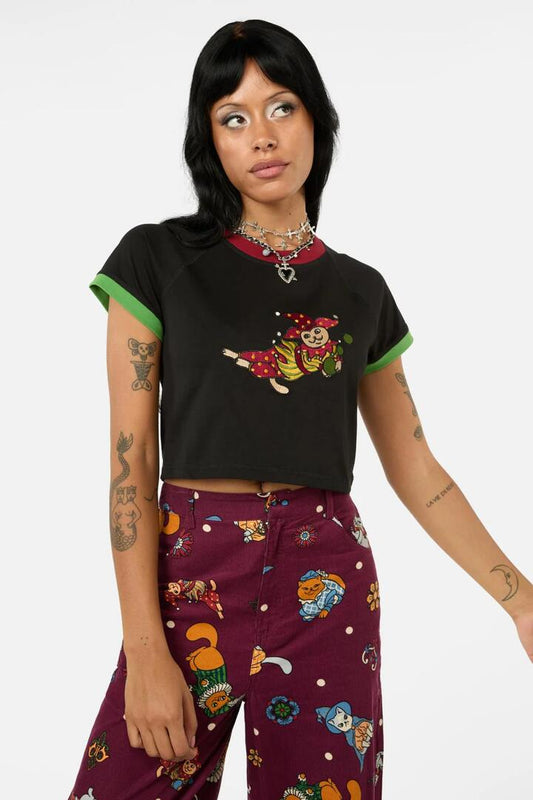 Image of a model wearing Tops. Productname: Puppet Show Contrast Raglan Tee in Black colour by brand - Black Friday