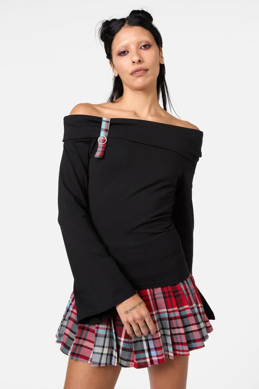 Image of a model wearing Tops. Productname: Nail In The Coffin Fold Over Top in Black colour by brand - Dangerfield