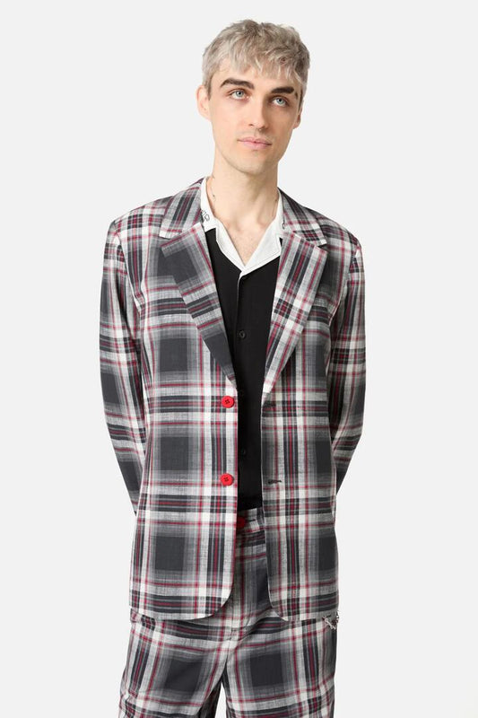 Image of a model wearing Outerwear. Productname: Moggy Tartan Blazer in Grey colour by brand - Dangerfield