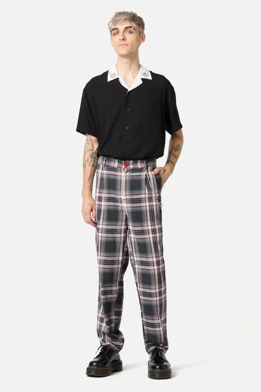 Image of a model wearing Pants. Productname: Moggy Tartan Pants in Grey colour by brand - Dangerfield