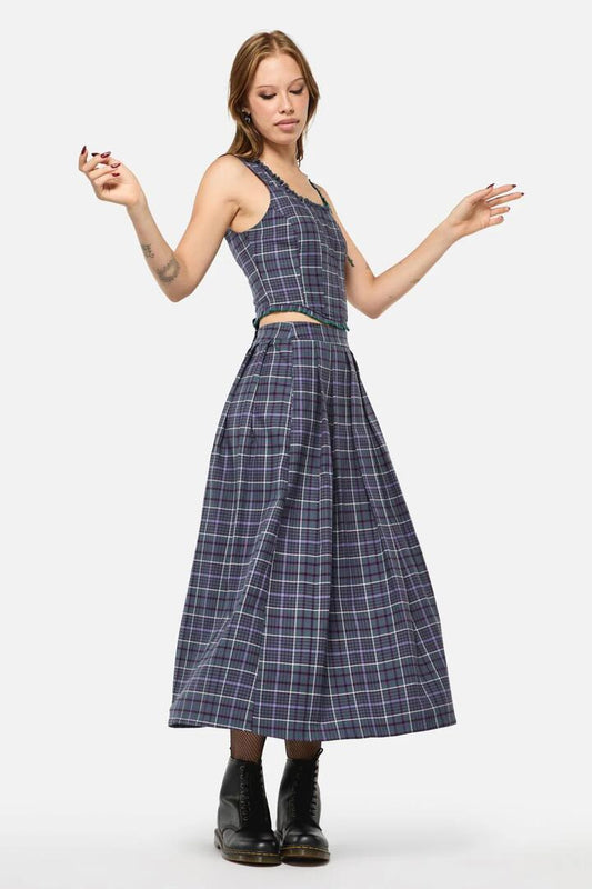 Image of a model wearing Skirts. Productname: Thicket Tartan Skirt in Green/Purple colour by brand - Black Friday