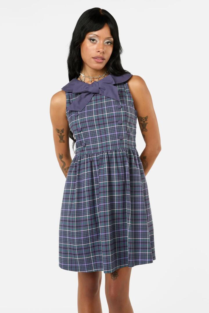 Image of a model wearing Dress. Productname: Thicket Tartan Dress in Green/Purple colour by brand - Black Friday