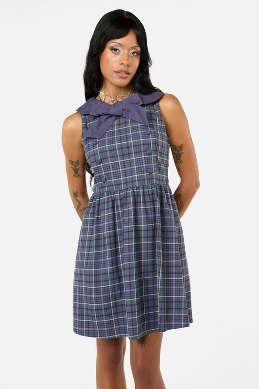 Image of a model wearing Dress. Productname: Thicket Tartan Dress in Green/Purple colour by brand - Black Friday