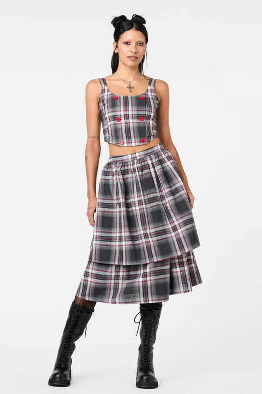 Image of a model wearing Skirts. Productname: Moggy Tartan Layered Skirt in Grey colour by brand - Dangerfield