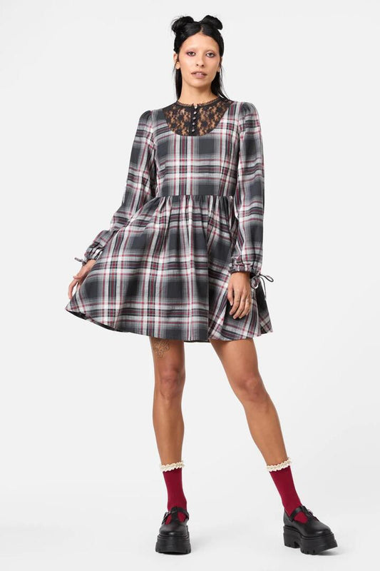 Image of a model wearing Dress. Productname: Moggy Tartan Long Sleeve Dress in Grey colour by brand - Dangerfield