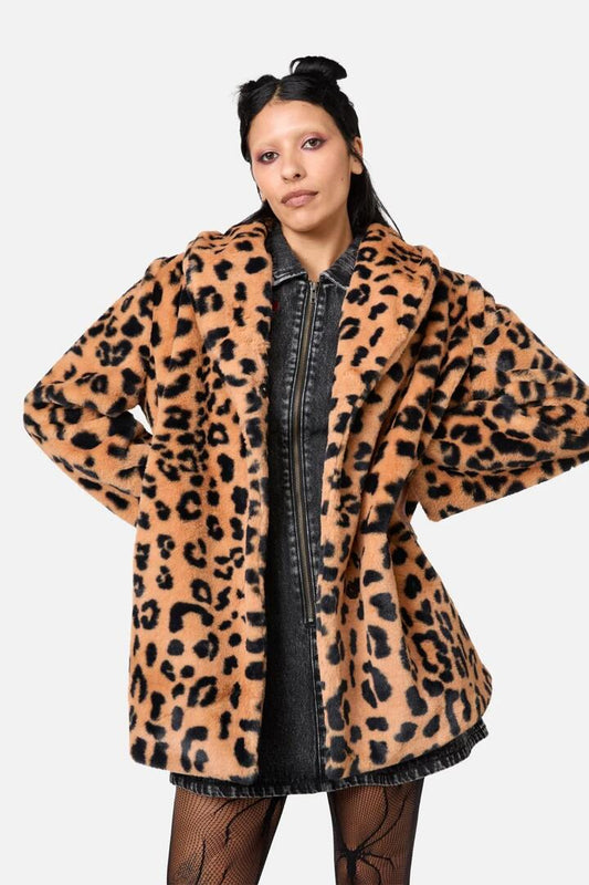 Image of a model wearing Outerwear. Productname: Moggy Faux Fur Leopard Coat in Red/Black colour by brand - Dangerfield
