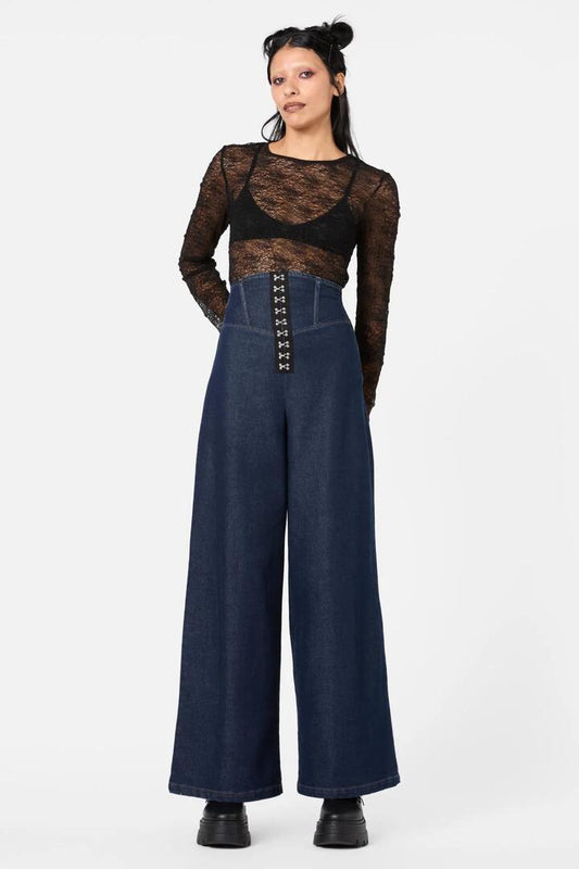 Image of a model wearing Denim. Productname: Fable Denim Corset Pant in Indigo colour by brand - Dangerfield