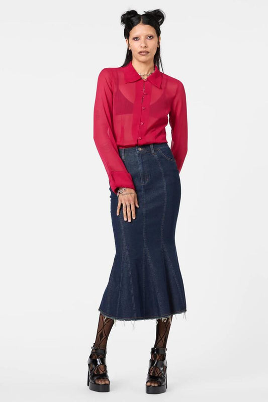 Image of a model wearing Denim. Productname: Fable Denim Midi Skirt in Indigo colour by brand - Dangerfield
