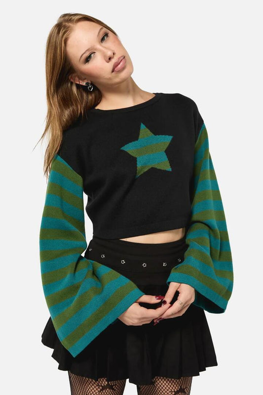Image of a model wearing Tops. Productname: Iykyk Crop Knit in Black/Green colour by brand - Black Friday