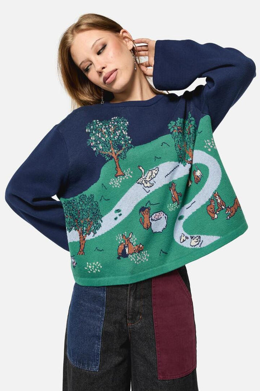 Image of a model wearing Tops. Productname: Tapestry Of Life Knit in Multi colour by brand - Black Friday