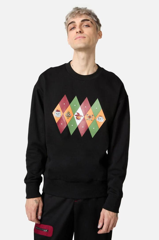 Image of a model wearing Outerwear. Productname: Crowned Cats Argyle Sweater in Black colour by brand - Black Friday