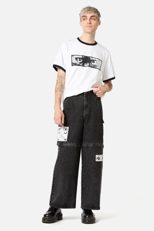 Image of a model wearing Denim. Productname: Moggy Zip Off Jeans in Black colour by brand - Dangerfield