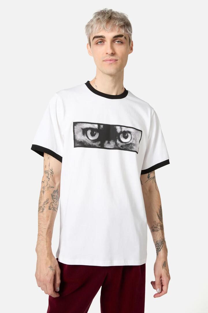 Image of a model wearing Tops. Productname: Moggy Placement Tee in White colour by brand - Dangerfield