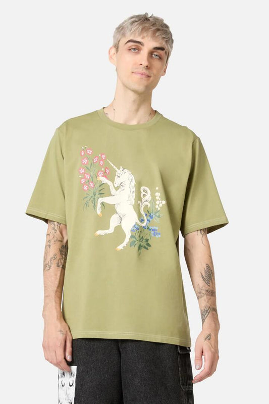 Image of a model wearing Tops. Productname: Alicorn Print Tee in Green colour by brand - Dangerfield