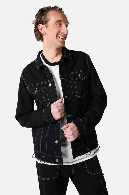 Image of a model wearing Outerwear. Productname: Little Bitter Goth Denim Jacket in Black colour by brand - Dangerfield