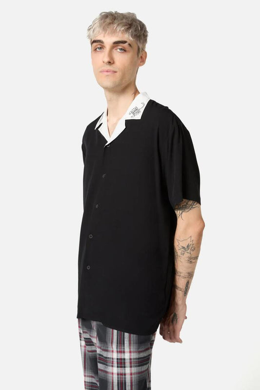 Image of a model wearing Tops. Productname: Scorpion Contrast Collar Goth Shirt in Black colour by brand - Dangerfield