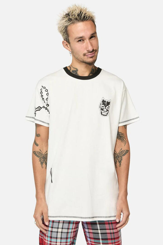Image of a model wearing Tops. Productname: Scorpion Tall Tee in White colour by brand - Dangerfield