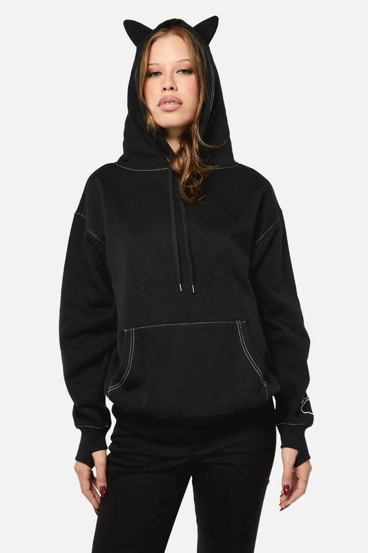 Image of a model wearing Outerwear. Productname: Meow Hoodie in Black colour by brand - Black Friday