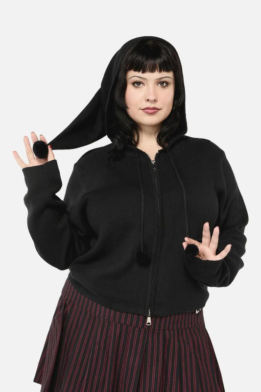 Image of a model wearing Outerwear. Productname: Curve By Starlight Zip Up Cardigan in Black colour by brand - Black Friday