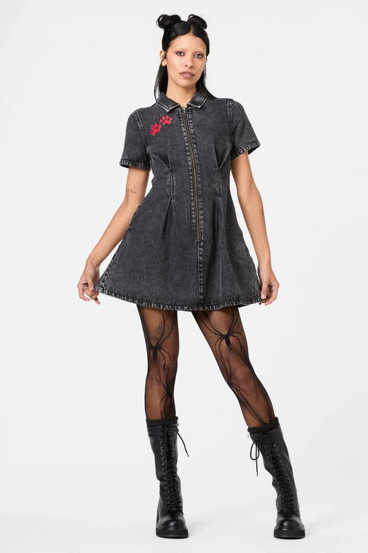 Image of a model wearing Denim. Productname: Moggy Denim Short Sleeve Dress in Black colour by brand - Dangerfield