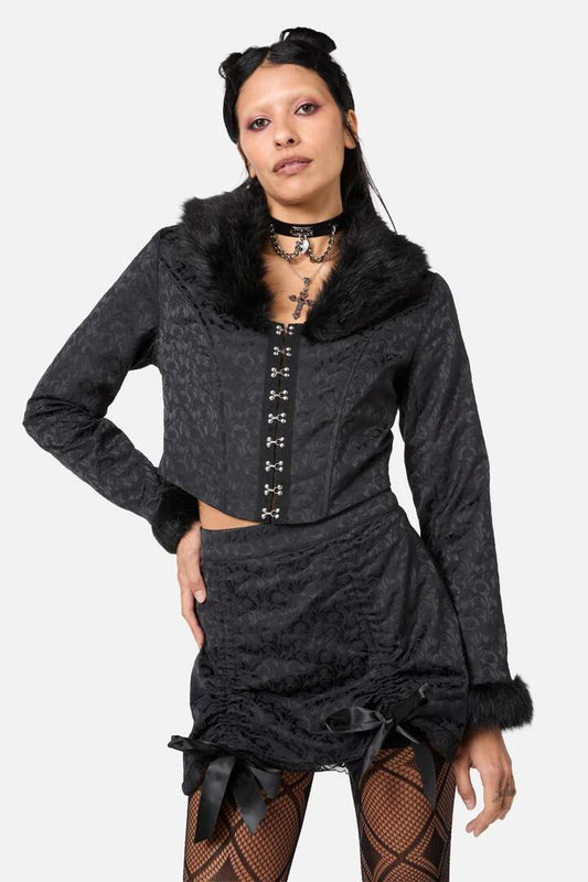 Image of a model wearing Outerwear. Productname: Fable Brocade Jacket in Black colour by brand - Dangerfield