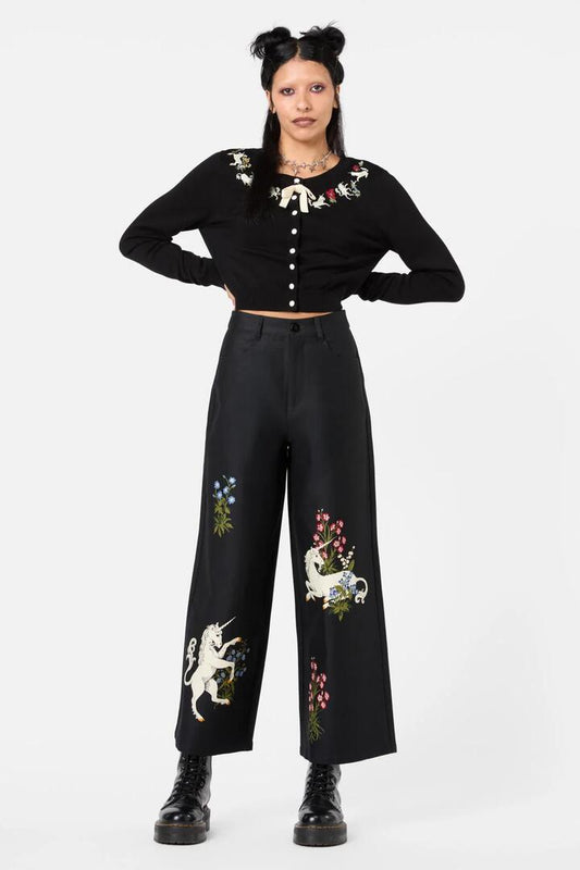Image of a model wearing Pants. Productname: Alicorn Wide Leg Pant in Black colour by brand - Dangerfield