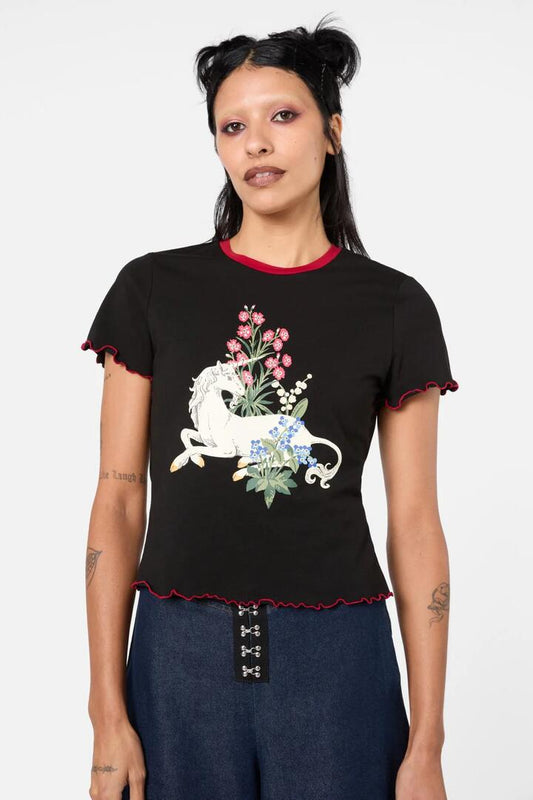 Image of a model wearing Tops. Productname: Alicorn Babylock Tee in Black colour by brand - Dangerfield