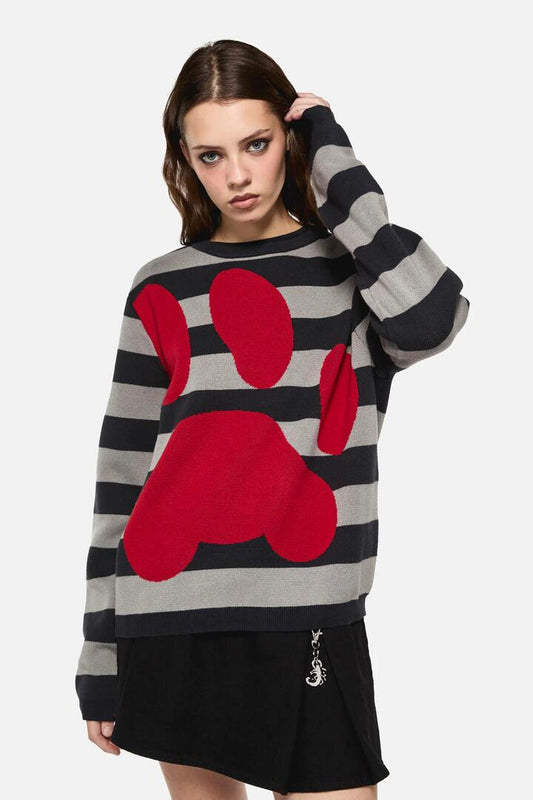 Image of a model wearing Tops. Productname: Moggy Stripe Paw Knit in Black/Grey colour by brand - Dangerfield