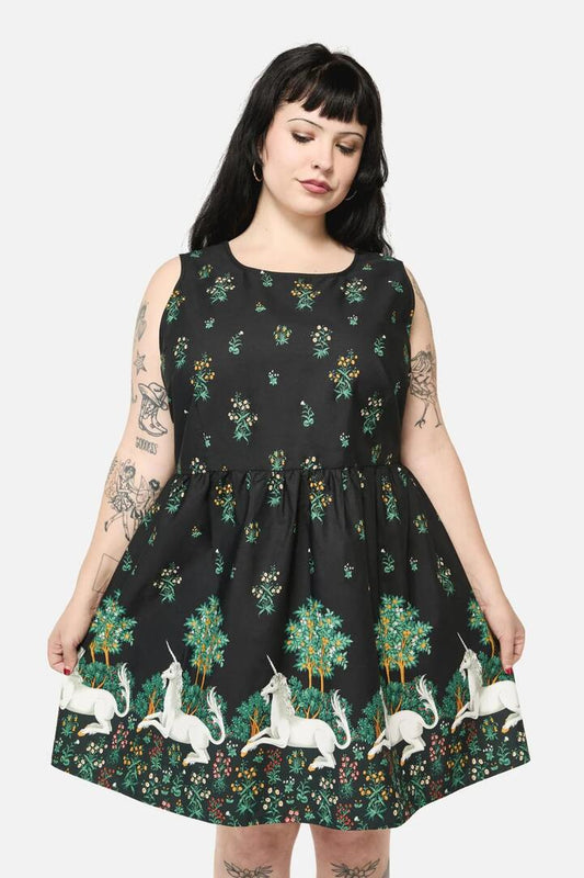 Image of a model wearing Dress. Productname: Curve Heraldry Border Dress in Black colour by brand - Dangerfield