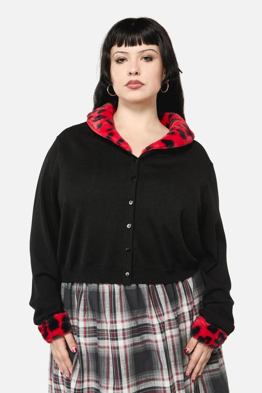 Image of a model wearing Outerwear. Productname: Curve Moggy Faux Fur Trim Cardigan in Black colour by brand - Dangerfield