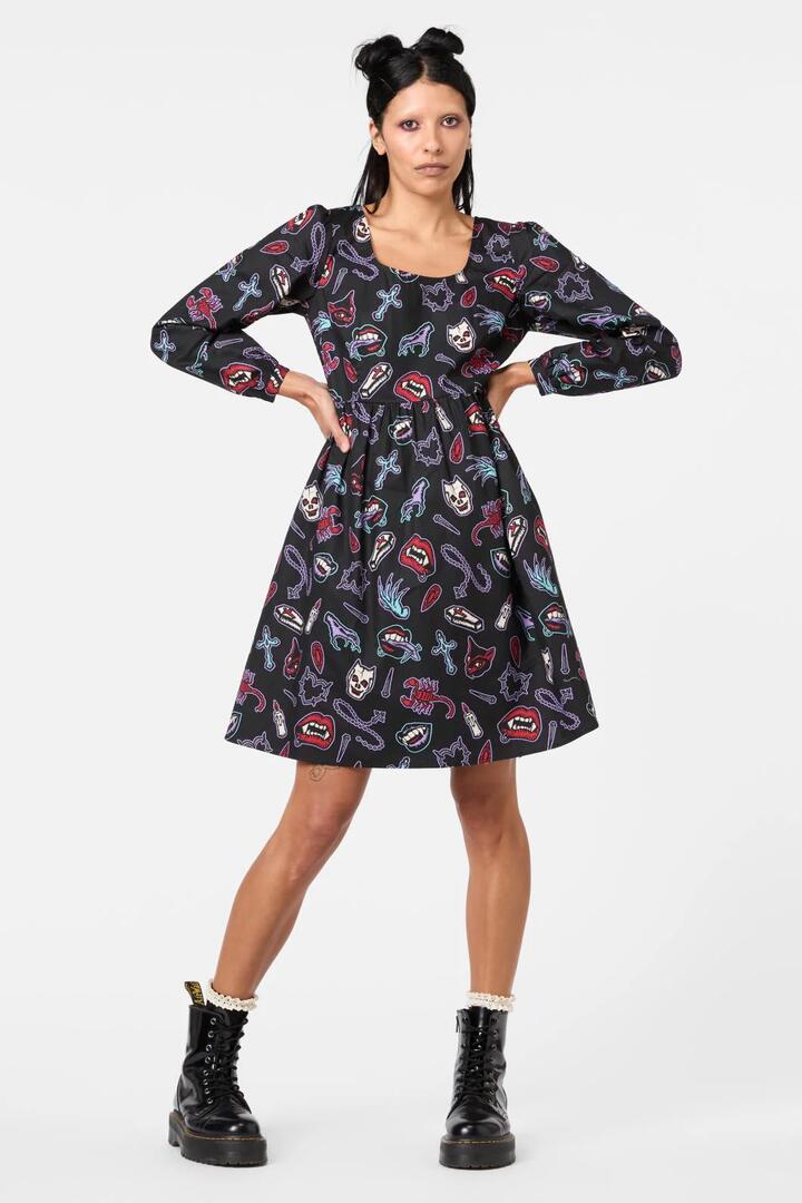 Image of a model wearing Dress. Productname: Sucked In Gothic Dress in Black colour by brand - Dangerfield