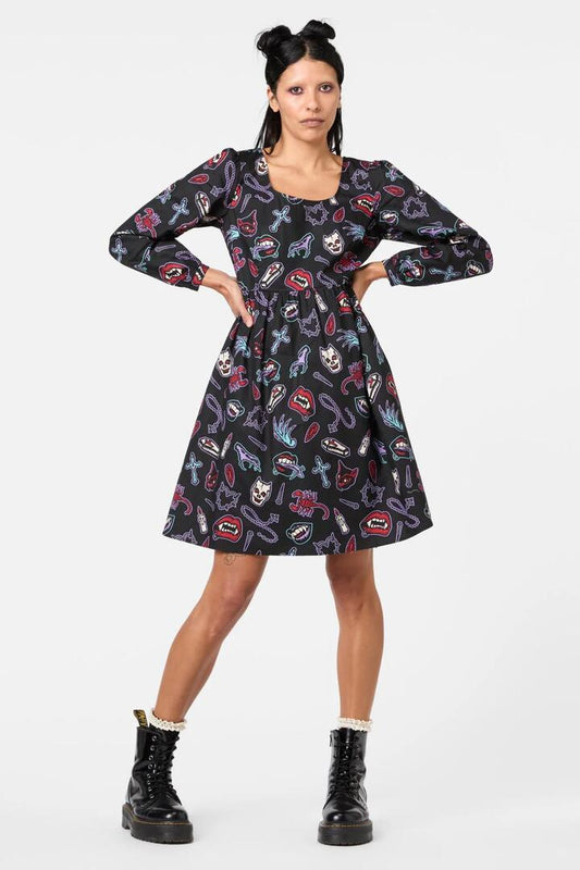 Image of a model wearing Dress. Productname: Sucked In Gothic Dress in Black colour by brand - Dangerfield