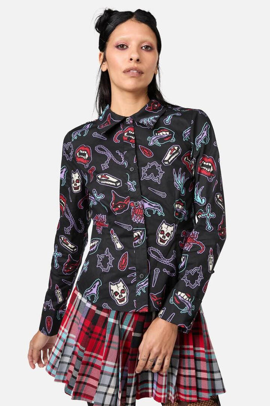 Image of a model wearing Tops. Productname: Sucked In Gothic Blouse in Black colour by brand - Dangerfield