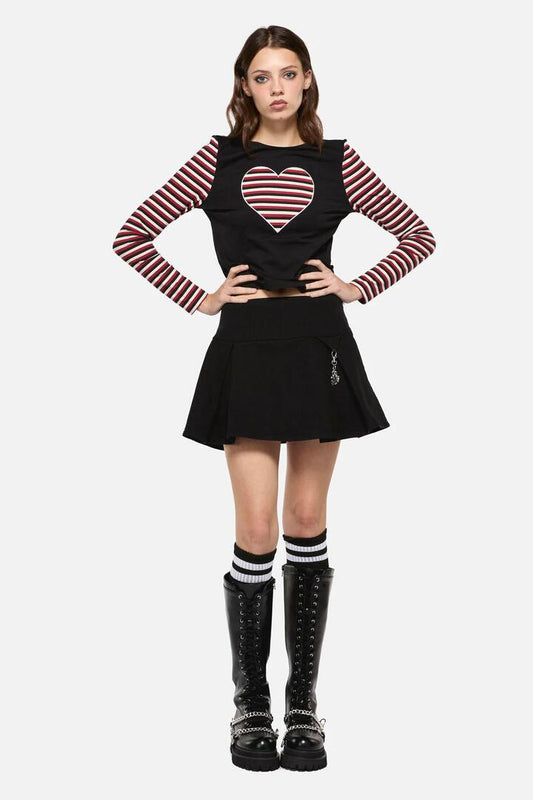 Image of a model wearing Skirts. Productname: Nail In The Coffin Skort in Black colour by brand - Dangerfield