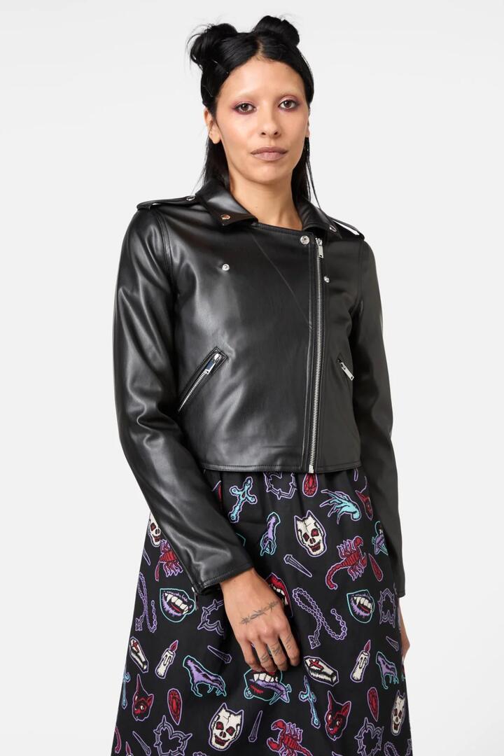 Image of a model wearing Outerwear. Productname: Nail In The Coffin Bike Jacket in Black colour by brand - Dangerfield
