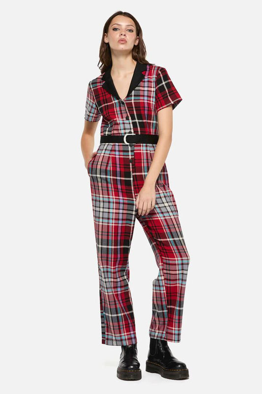 Image of a model wearing Outerwear. Productname: Scorpion Tartan Jumpsuit in Multi colour by brand - Dangerfield