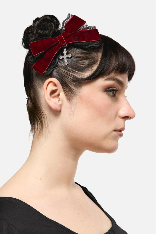 Image of Hair Accessories. Productname: Velvet & Lace Crucifix Bow in Dark Red colour by brand - Black Friday