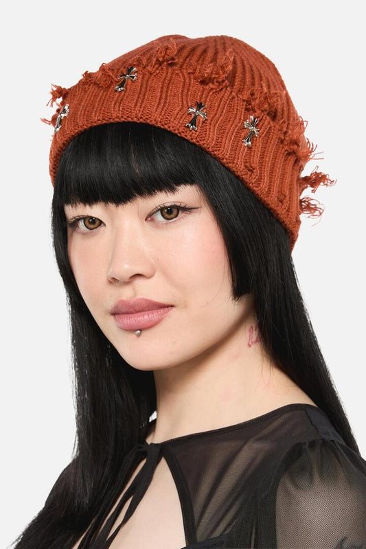 Image of Charms. Productname: Rust Cross Charm Beanie in Rust colour by brand - Black Friday