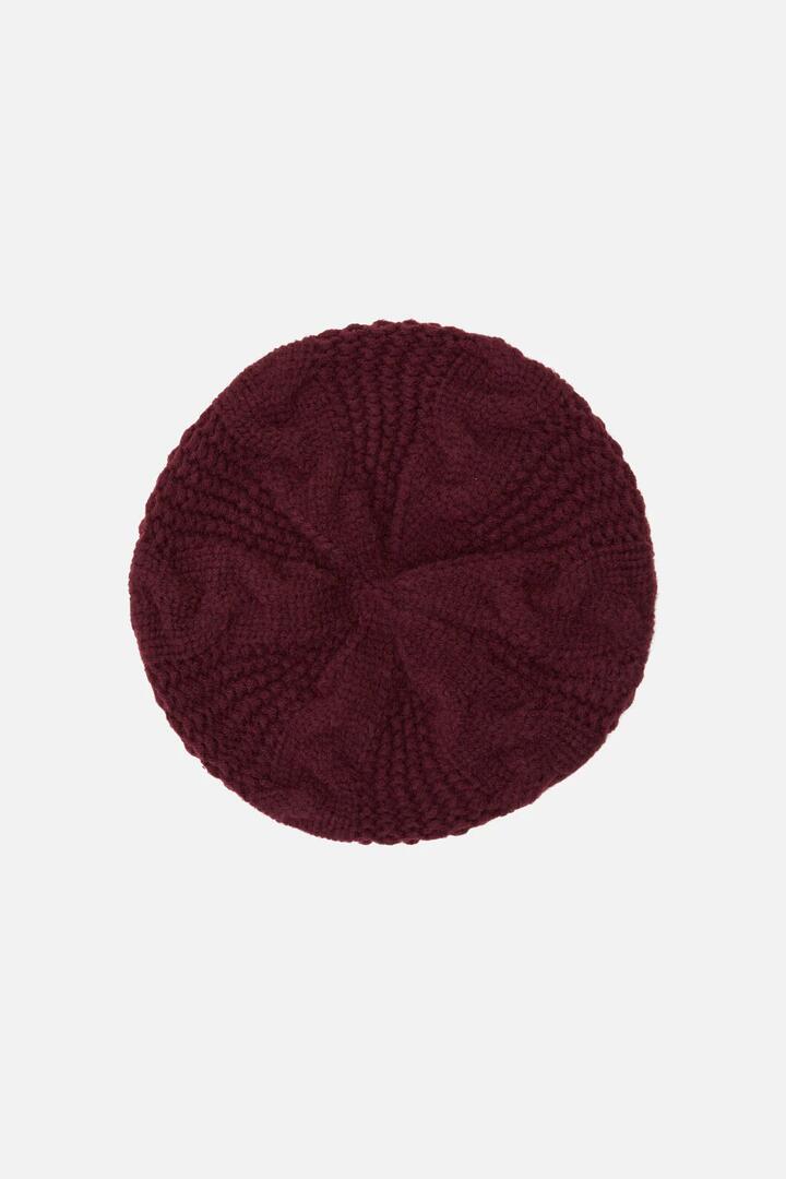 Image of a model wearing Tops. Productname: Plum Cable Knit Beret in Plum colour by brand - Princess Highway