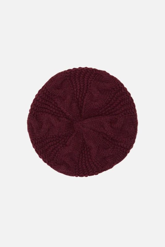 Image of a model wearing Tops. Productname: Plum Cable Knit Beret in Plum colour by brand - Princess Highway