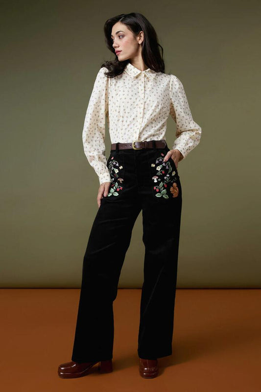 Image of a model wearing Denim. Productname: Forest Embroidered Cord Jean in Black colour by brand - Princess Highway