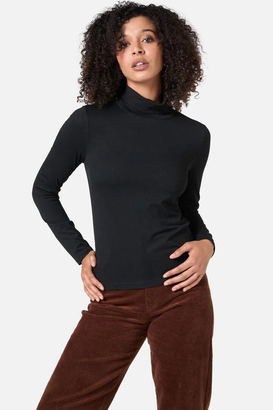 Image of a model wearing Tops. Productname: Jenna Skivvy Top in Black colour by brand - Princess Highway