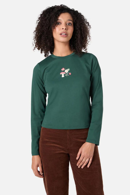 Image of a model wearing Tops. Productname: Mushroom Long Sleeve Tee in Green colour by brand - Princess Highway
