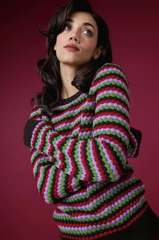 Image of a model wearing Outerwear. Productname: Nico Stripe Knit Jumper in Chocolate Multi colour by brand - Princess Highway